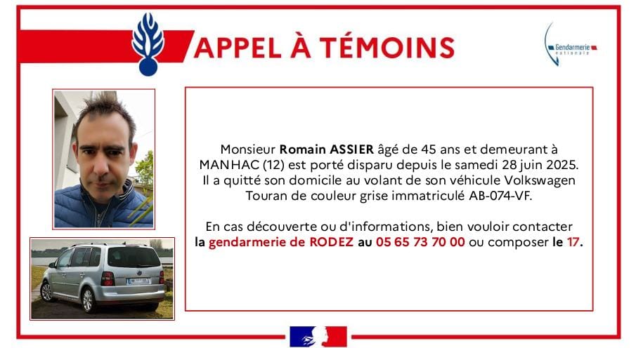 Aveyron : disparition inquiétante d’un homme de 45 ans