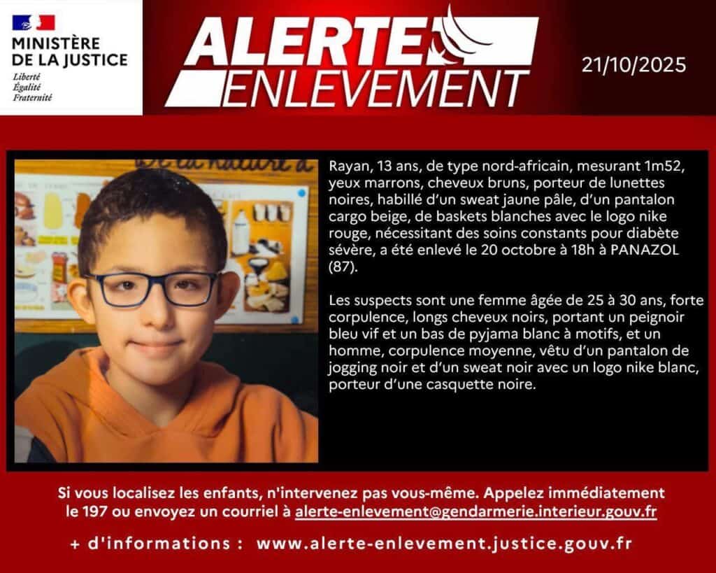 Alerte enlèvement : Rayan, 13 ans, a été enlevé à Panazol en Haute-Vienne