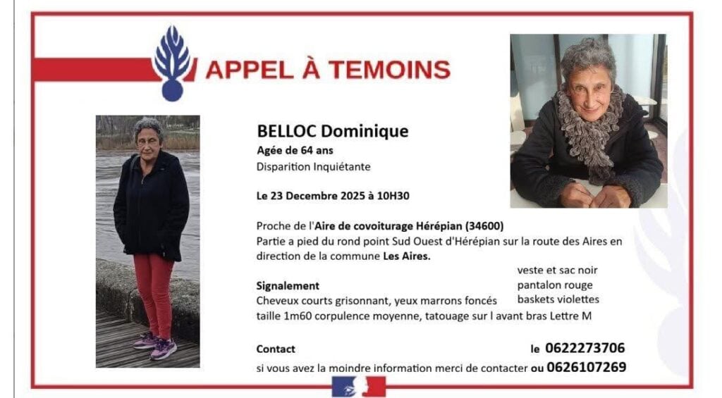 Hérault : disparition inquiétante d’une femme de 64 ans